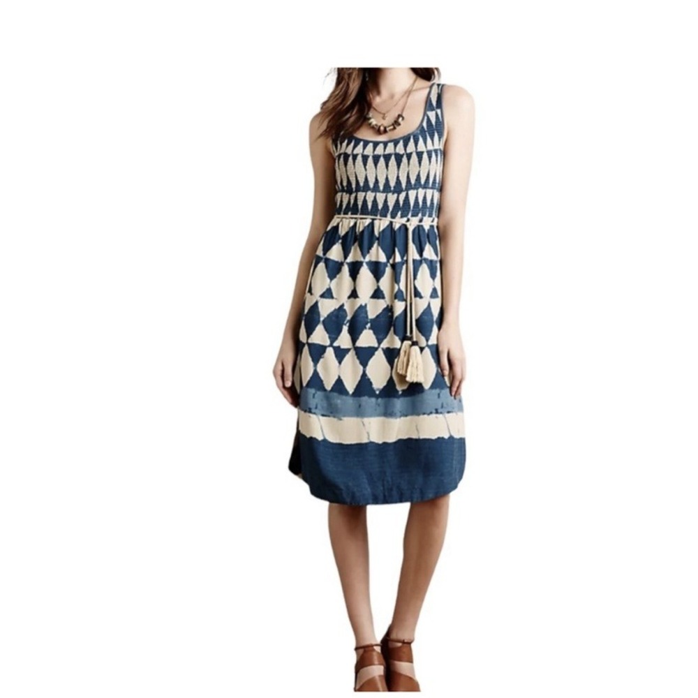 Anthropologie Maeve Castalia Smocked Diamond Print Midi Dress Blue Cream Size 12